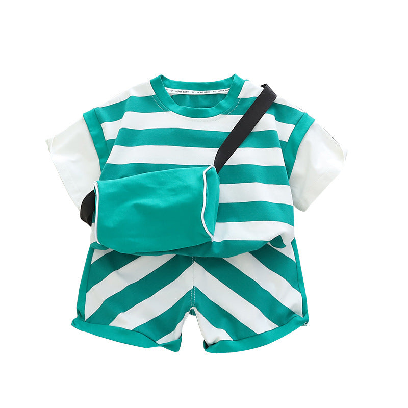 Wholesale Boys Summer Striped Short Sleeved Shorts Shoulder Bag Cotton Set